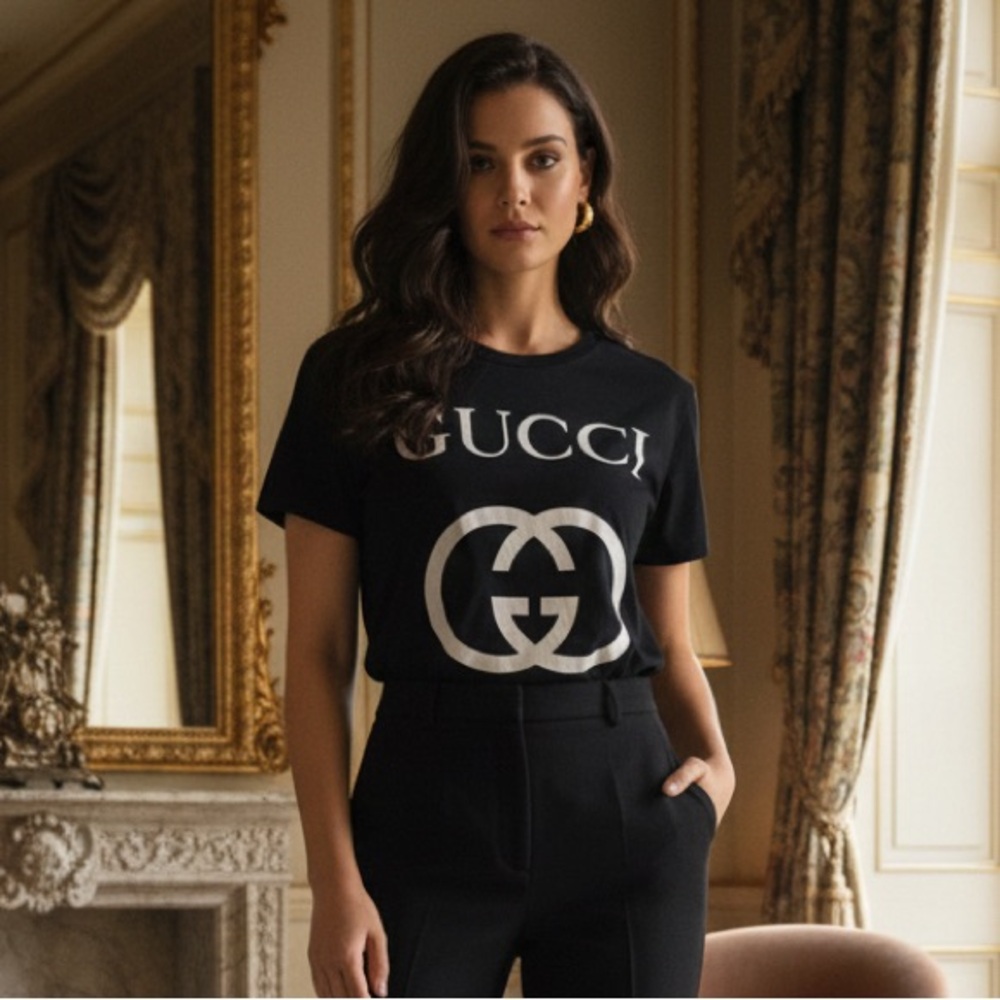 GUCCI GG Interlocking Logo Short Sleeve Tee M 21” p2p Black $590 Retail EUC